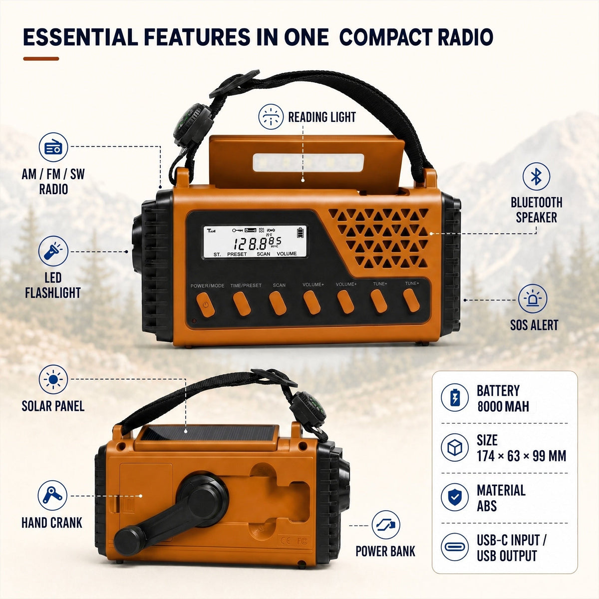 Emergency Radio - Hand Crank & Solar Powered - Powerful 8,000mAh Power Bank