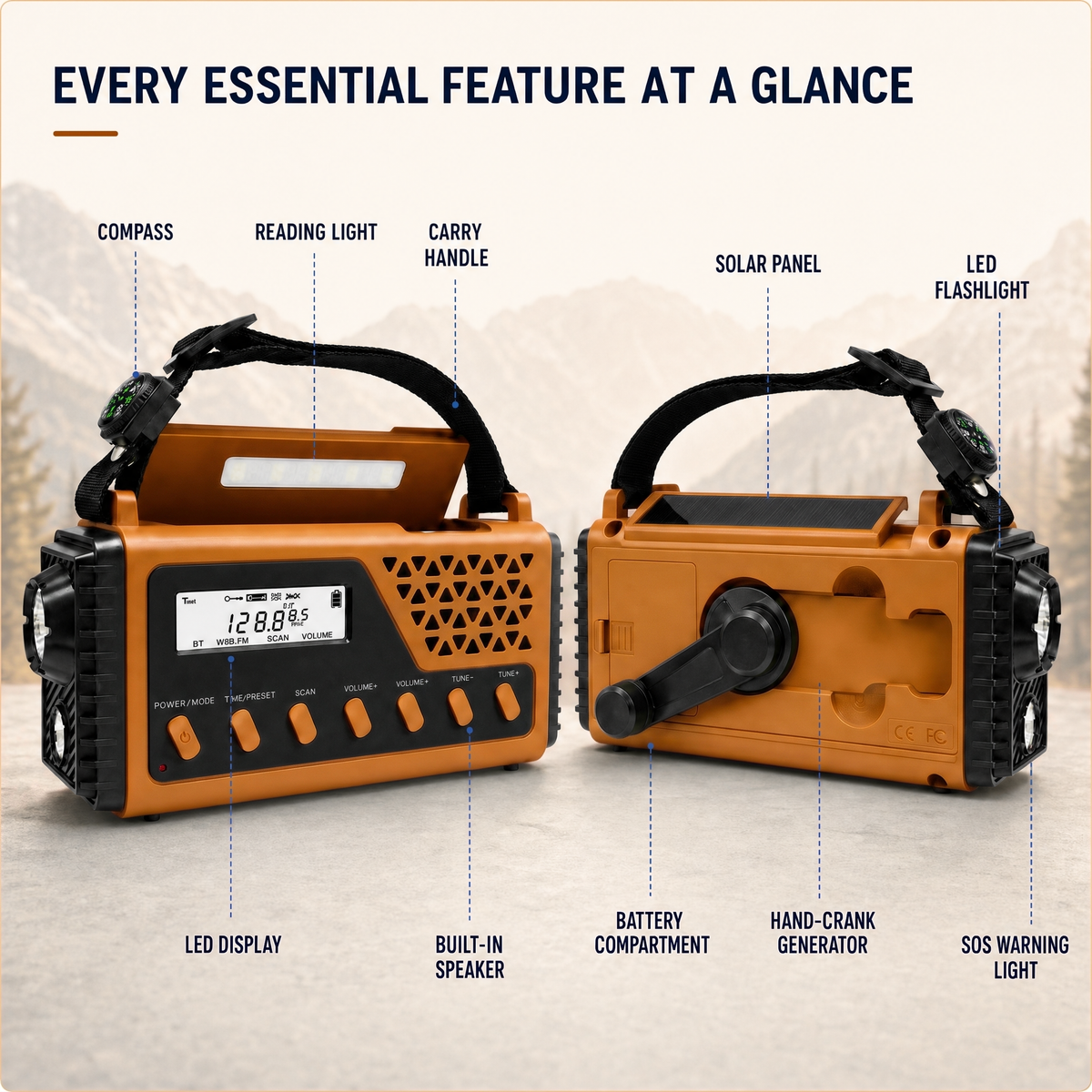 Emergency Radio - Hand Crank & Solar Powered - Powerful 8,000mAh Power Bank