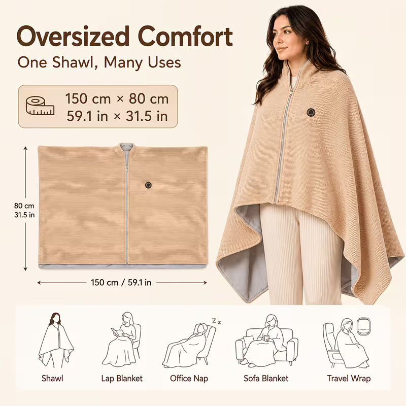 Portable Electric Heated Wrap Blanket – 15 Sec Fast Heat with 3 Temperatures – Ideal for Home, Office, Travel & as Gift