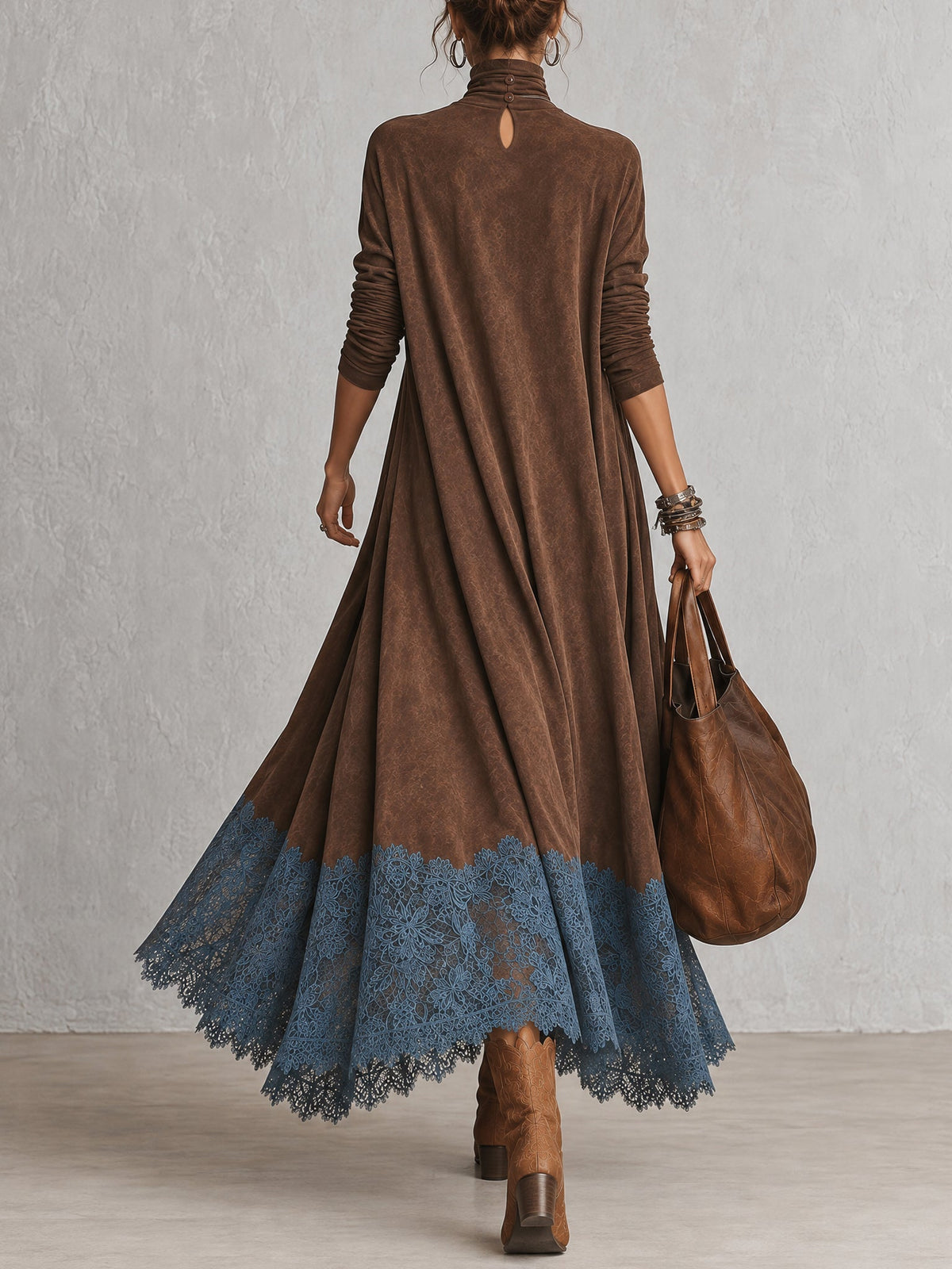 A-Line High-Neck Dress with Lace Panels and Long Sleeves