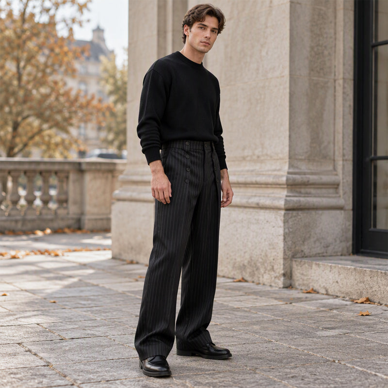 Tailored Waist, Effortless Drape | Men's Double-Breasted High-Waist Pants