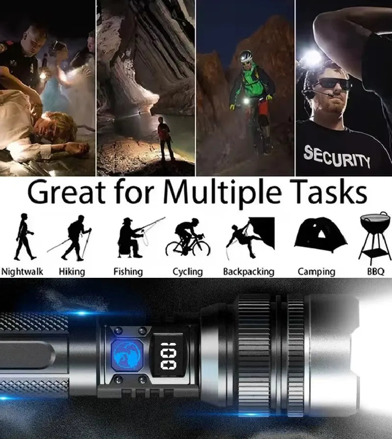 High-Power Rechargeable Zoom Flashlight – 2000LM, Power Bank & Digital Battery Display