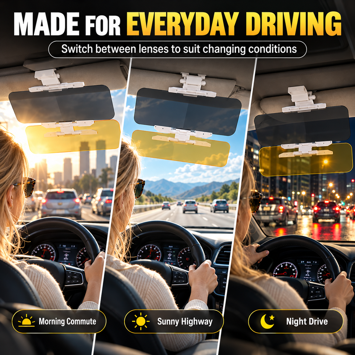 Universal HD Car Sun Visor with Anti-Glare Treatment, Day and Night Protection