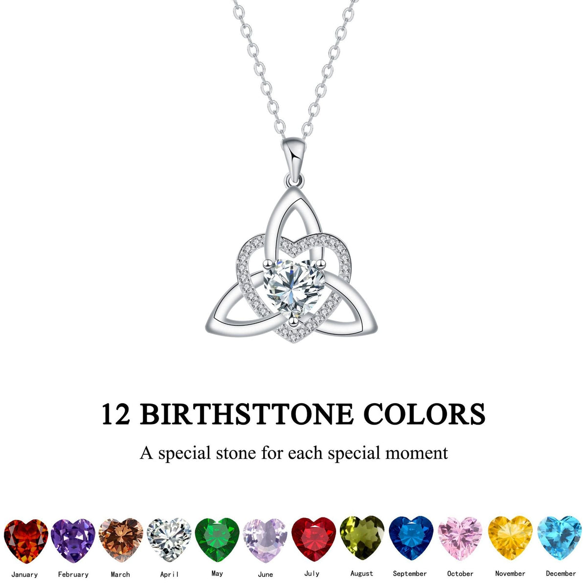 Birthstone Celtic Trinity Knot Heart Necklace Heart Shape Celtic Trinity Knot Birthstone Pendant