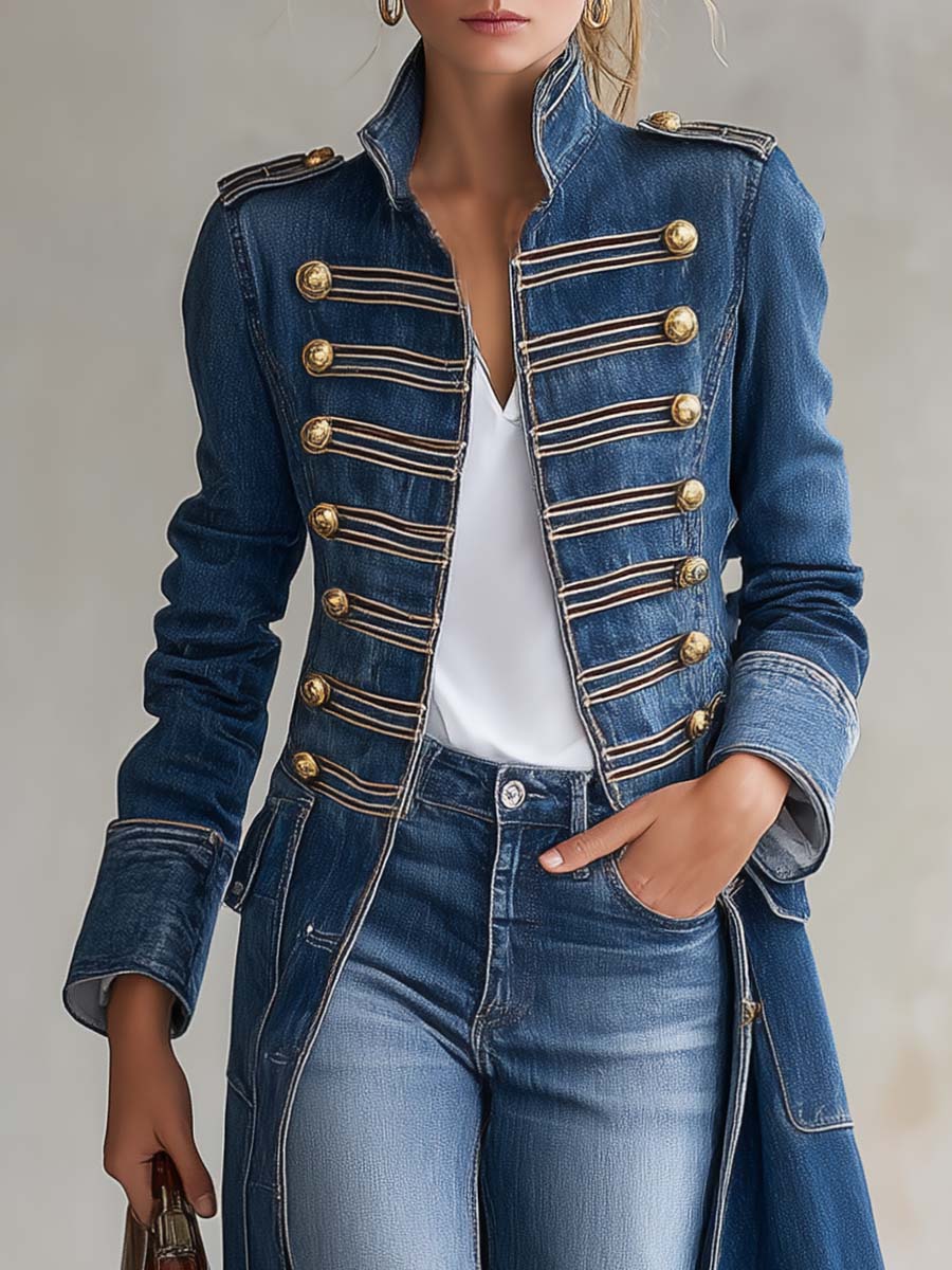 Long Fitted Military Style Denim Coat with Gold Buttons