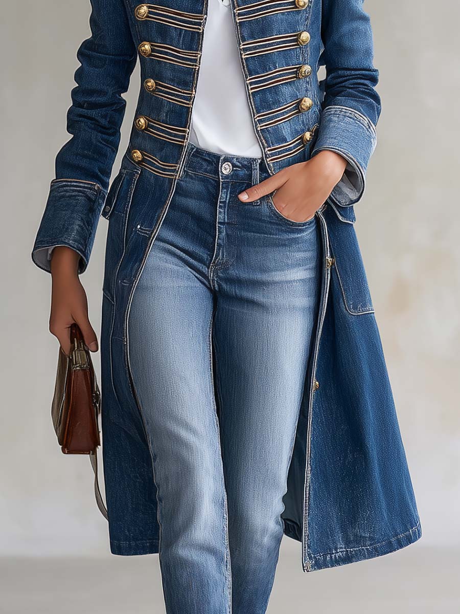 Long Fitted Military Style Denim Coat with Gold Buttons