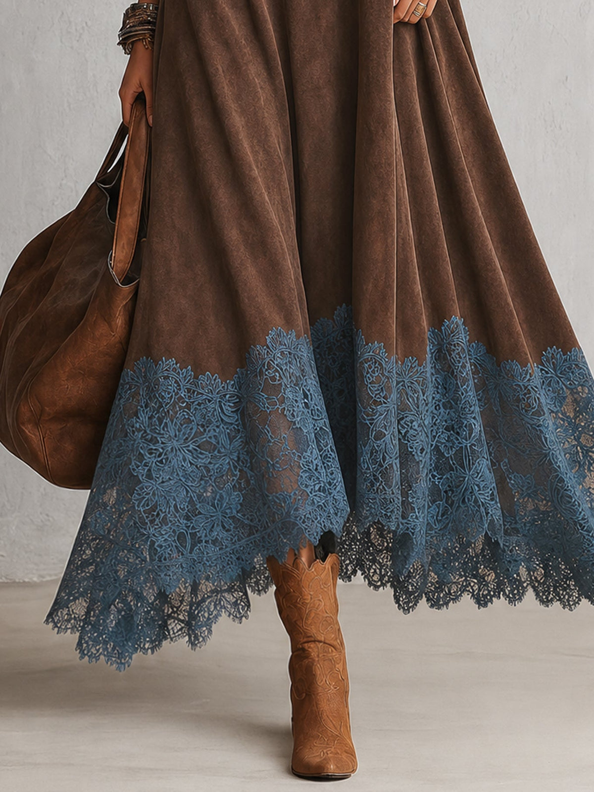 A-Line High-Neck Dress with Lace Panels and Long Sleeves