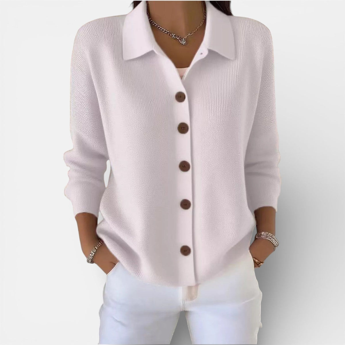 Knit Blouse with Polo Collar and Button Placket