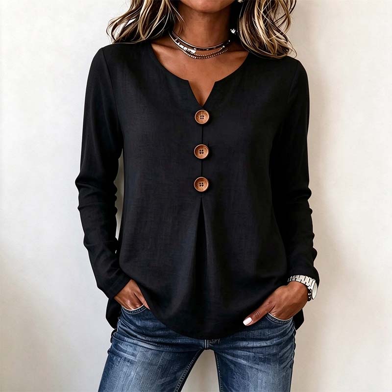 Vintage Large Button Long Sleeve Top, Women's Fashion Basic Blouse