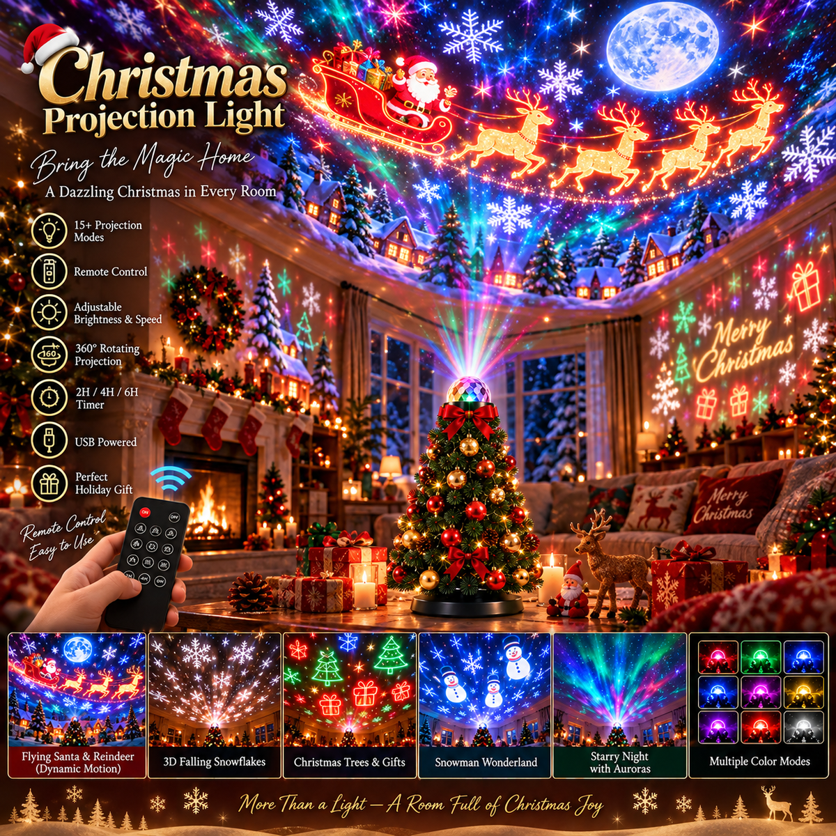 LED Christmas Lighting Projector with 15+ Motifs and Remote Control
