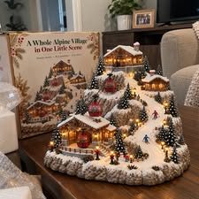 Animated Christmas Mountain Cable Car & Ski Village Scene