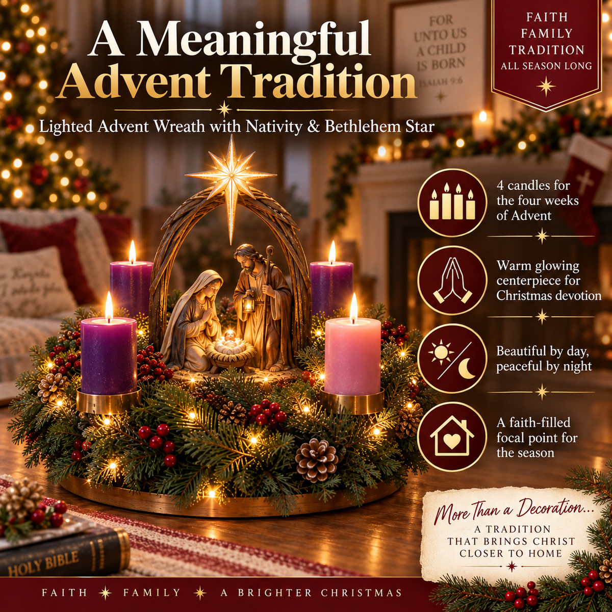 Lighted Nativity Advent Wreath – A Sacred 4-Week Christmas Tradition