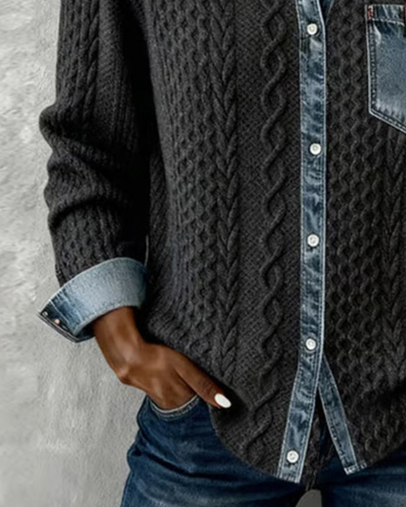 Women's Cable-Knit Cardigan with Denim Details