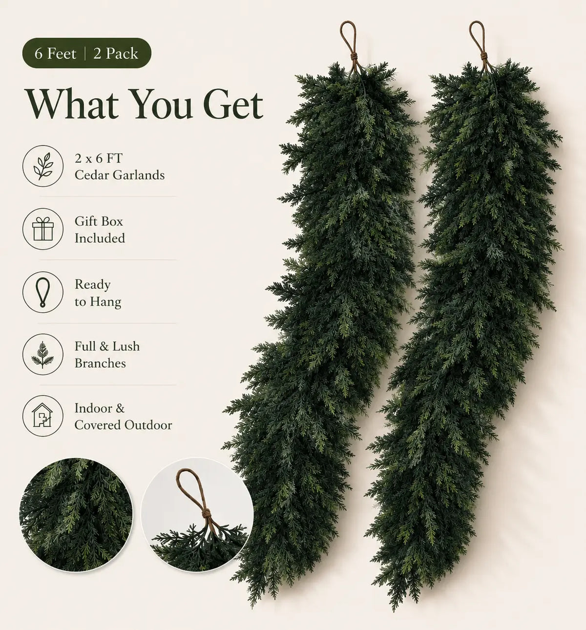 6 FT 2 PCS Artificial Cedar Garlands, Real Touch Winter Cedar Garland