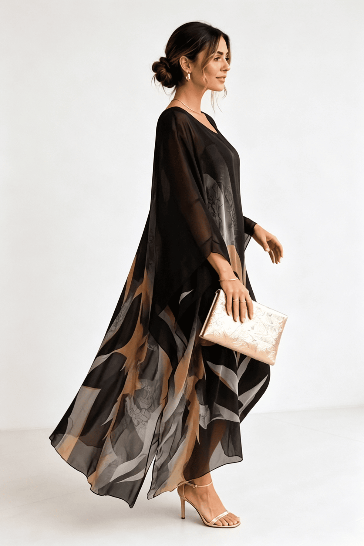 Black-Grey-Gold Printed Kaftan Maxi Dress