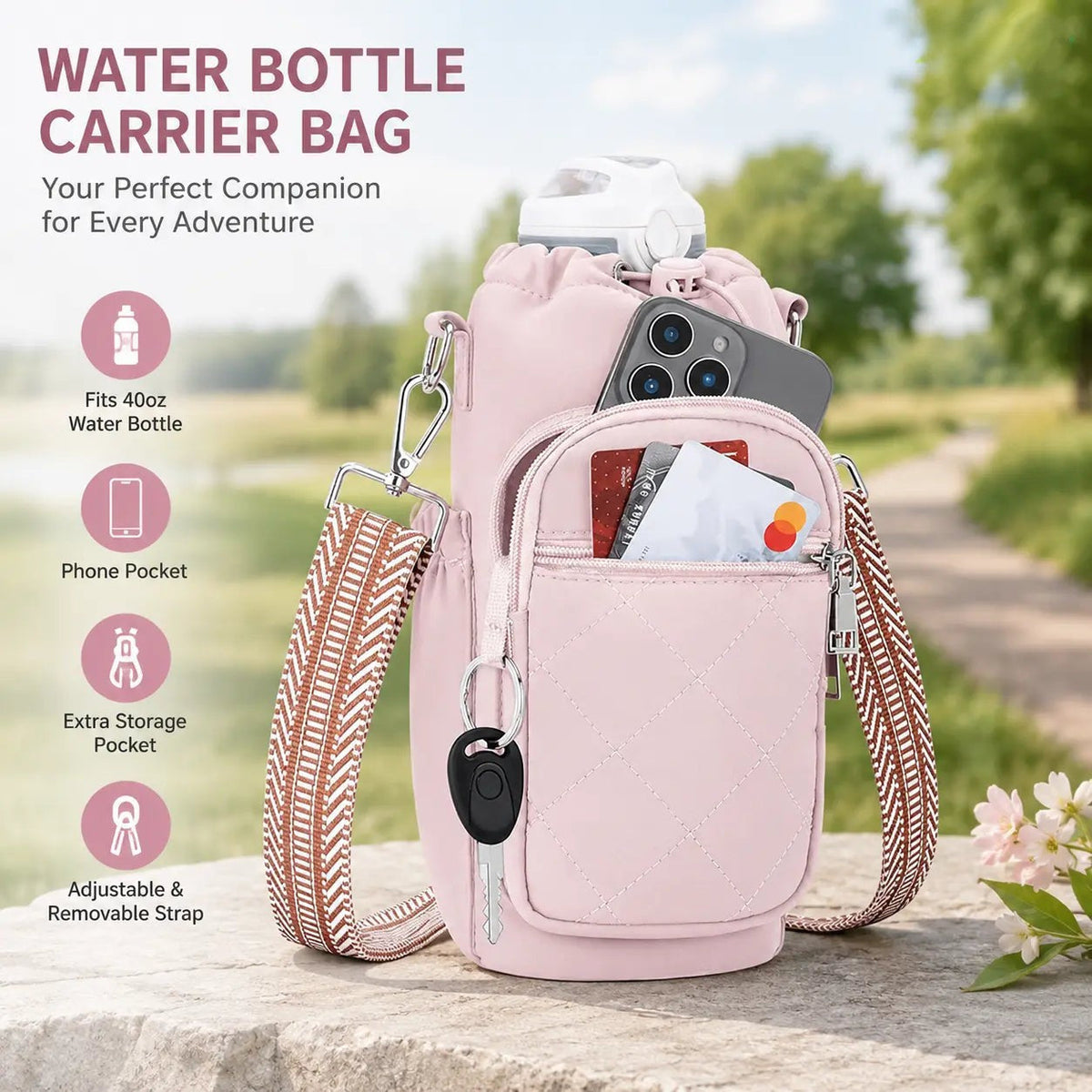 Water Bottle Bag Crossbody, Insulated Water Bottle Purse Crossbody Water Bottle Holder with Strap