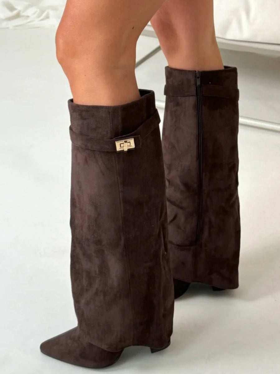Elegant Women's Suede Boots with Golden Accents