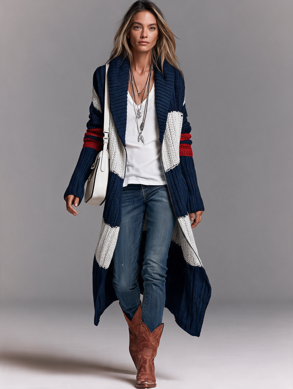 Women's Vintage Shawl Collar Long Zip-Up Cardigan