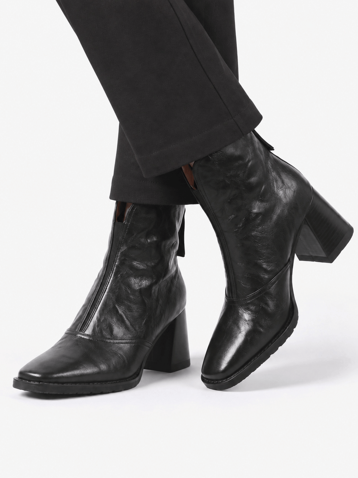 Women's Leather Ankle Boots with Square Heel and Zipper