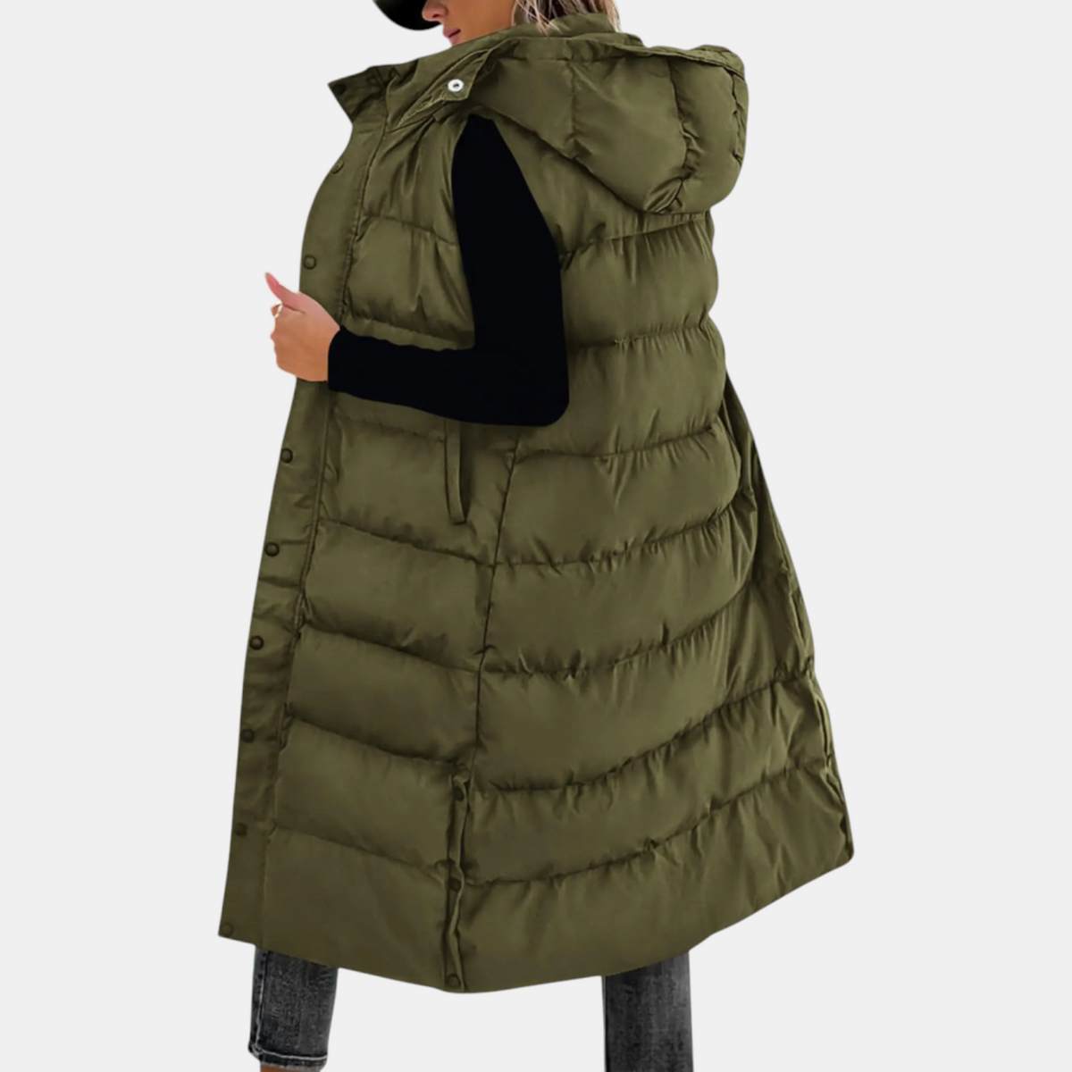 Cornelia Quilted Vest with Hood and Side Slits