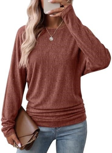 Womens Long Sleeve Shirts Ruched Hem Fall Tops Lightweight Sweaters
