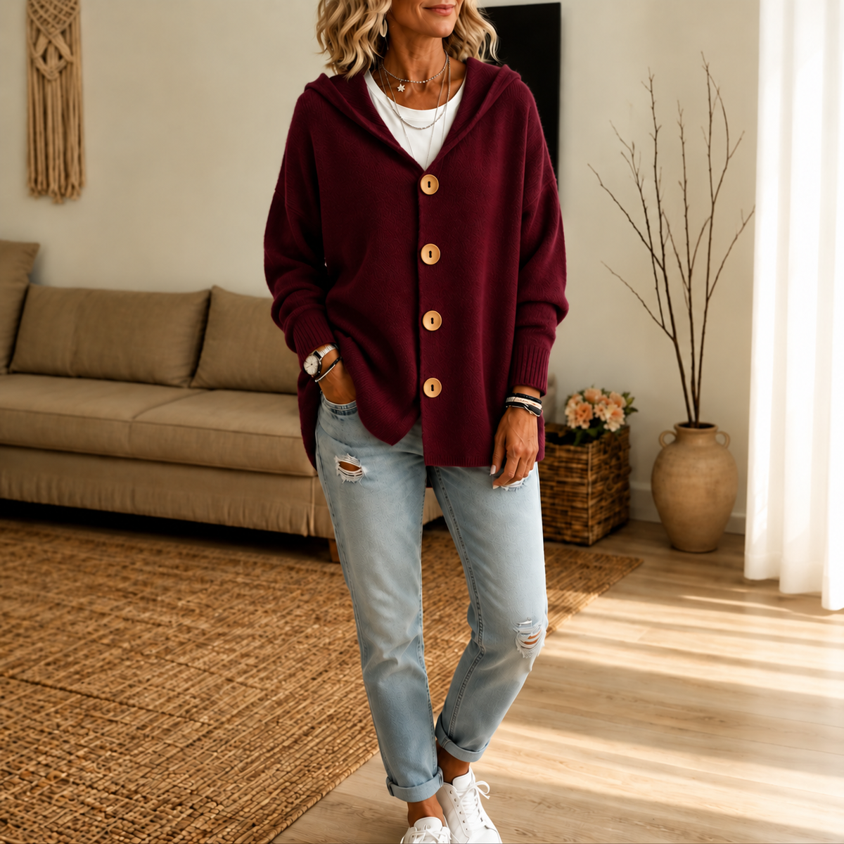 Hooded Waffle-Knit Button-Front Cardigan