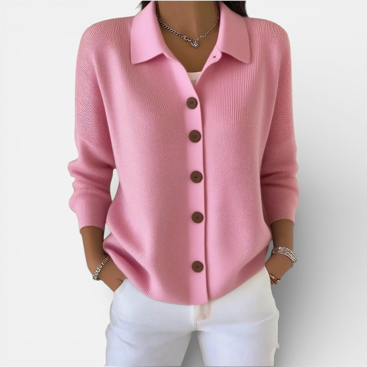 Knit Blouse with Polo Collar and Button Placket