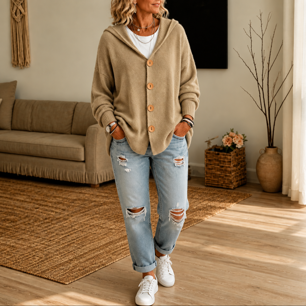 Hooded Waffle-Knit Button-Front Cardigan