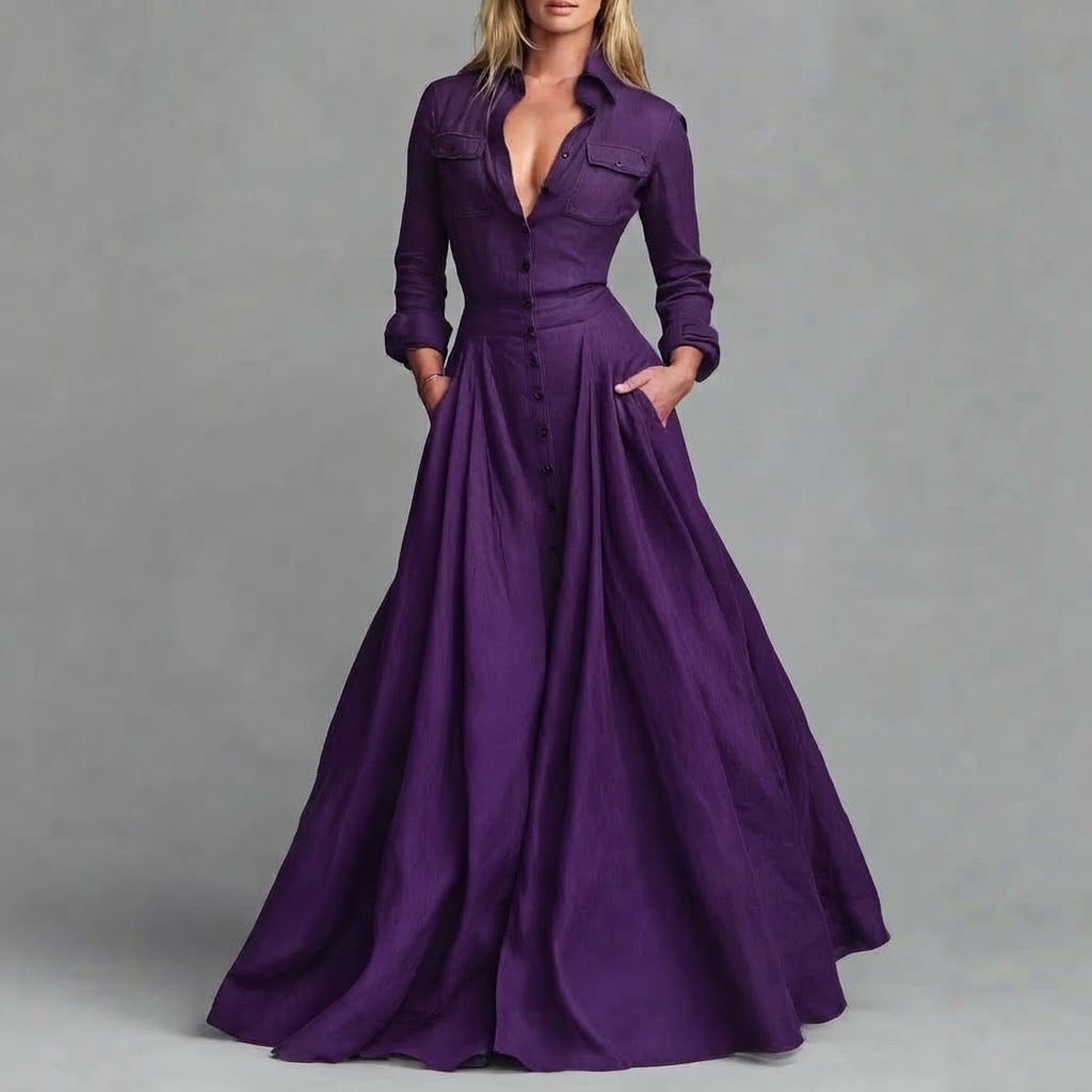 High-Waisted Long Sleeve Collared Button-Down Maxi Shirt Dress