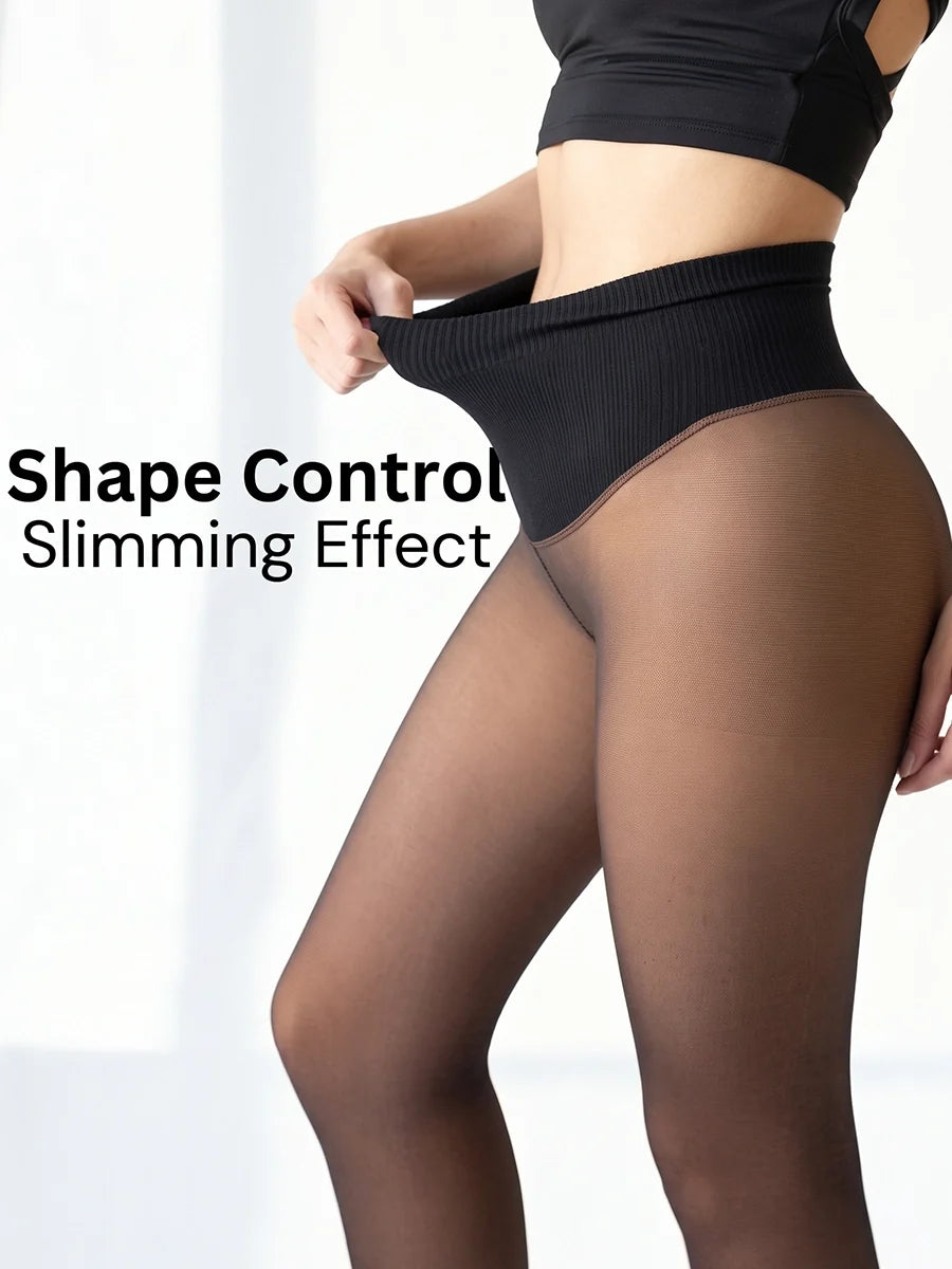 High-Waist Fleece-Lined Faux-Sheer Tights for Winter Outfits