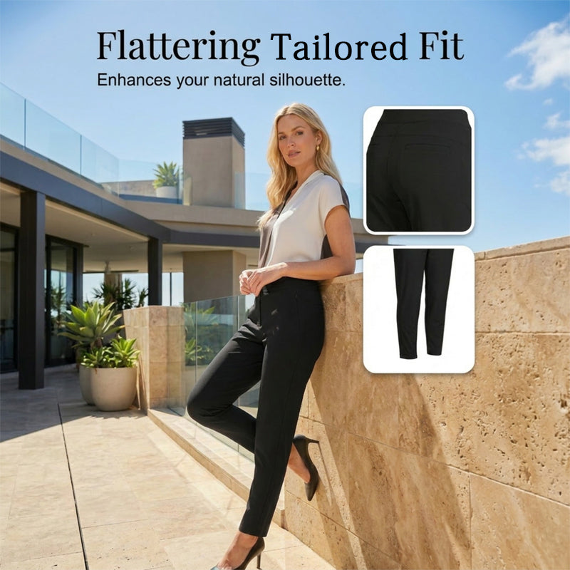 Women's Fitted High-Waisted Zip-Pocket Trousers - Lightweight, Breathable, Soft 26"/27" Ankle Pants with Zipper Pockets