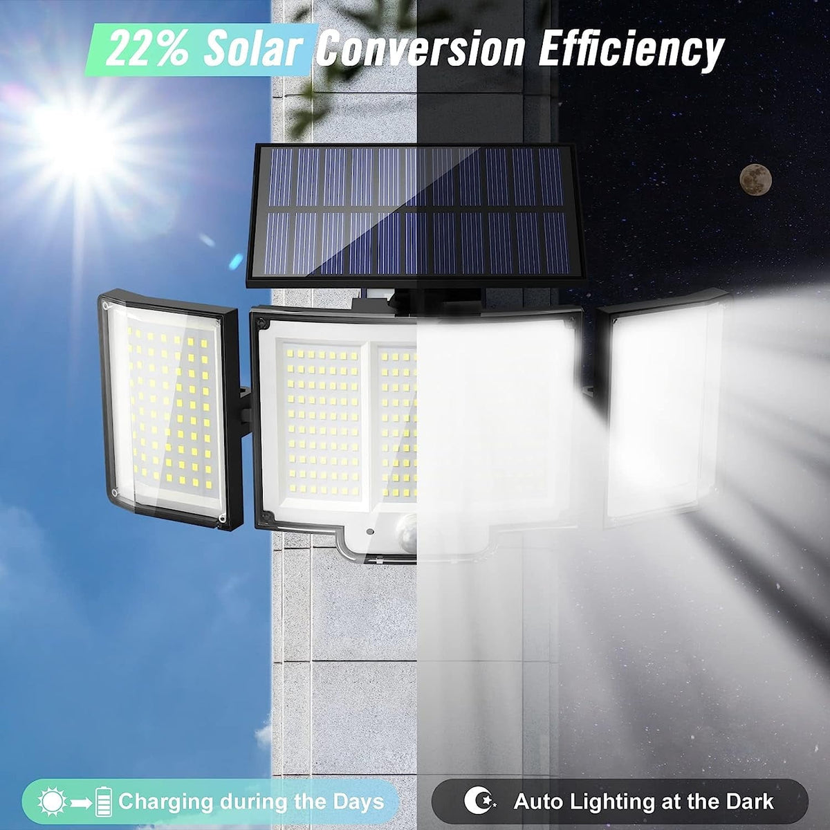 Solar Motion Sensor Security Light with Remote, 348 LED 3 Head
