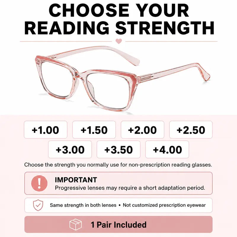 Progressive Photochromic Readers for Women, Pink Square Multifocal Reading Glasses