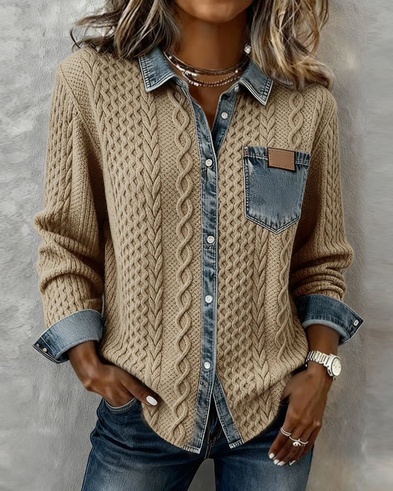 Women's Cable-Knit Cardigan with Denim Details