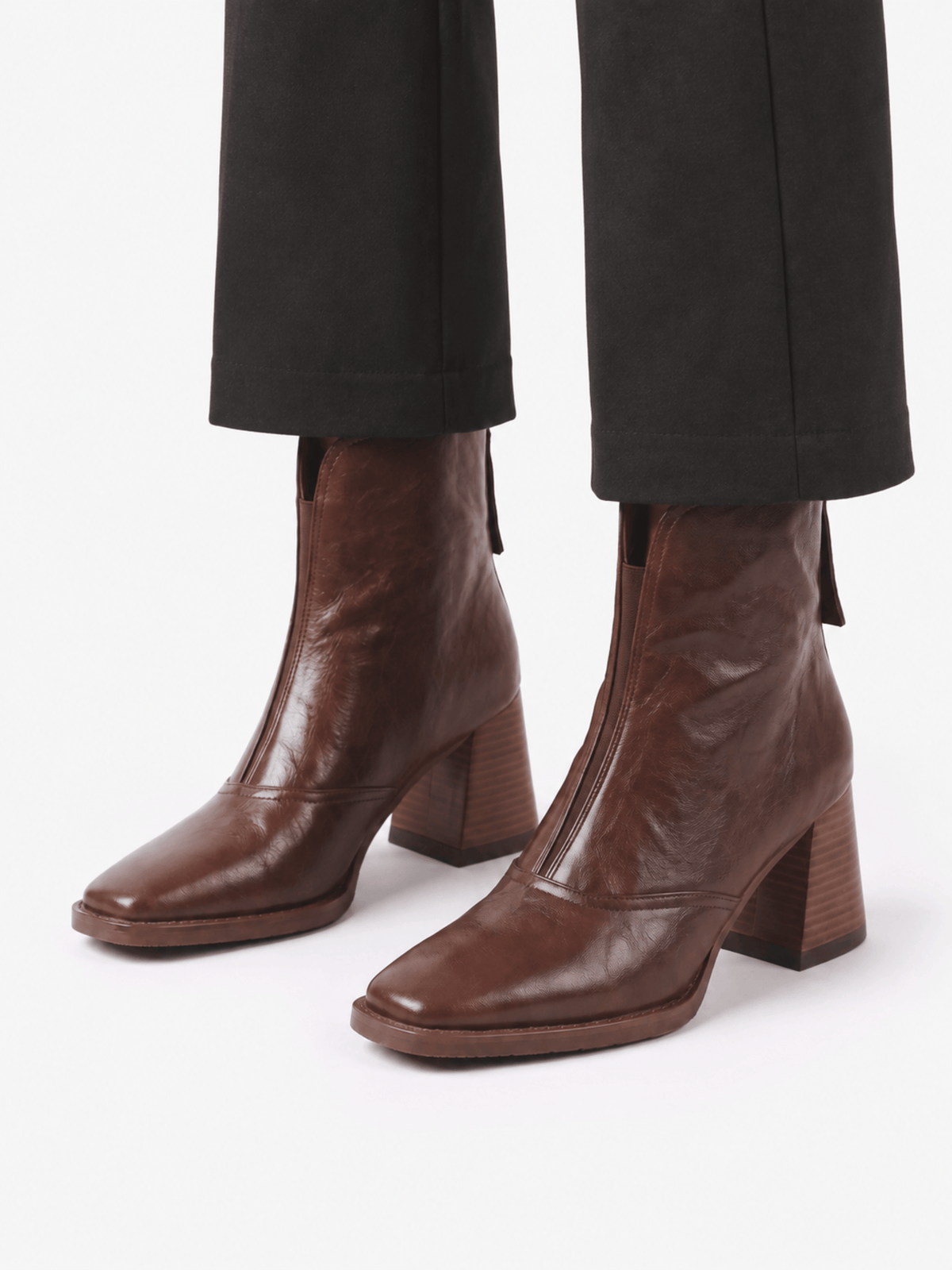 Women's Leather Ankle Boots with Square Heel and Zipper