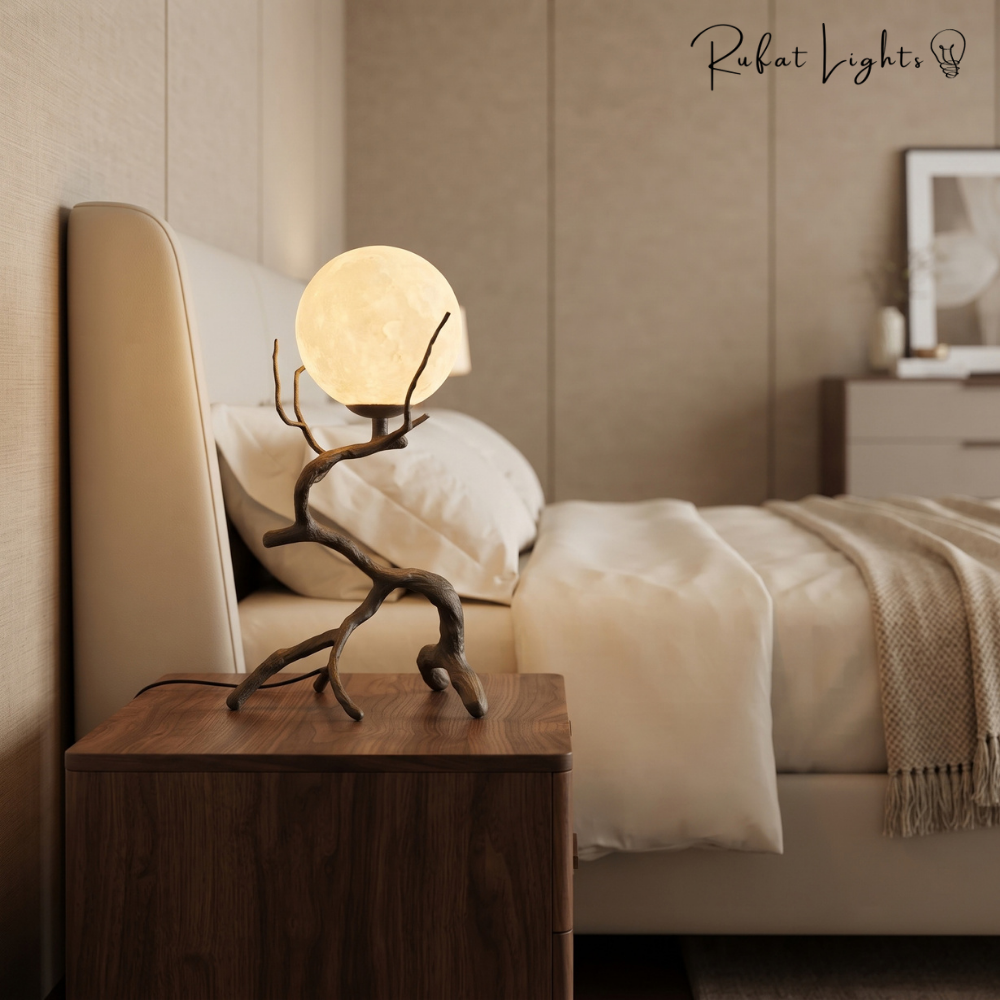 Rustic Wood Grain Moon Table Light