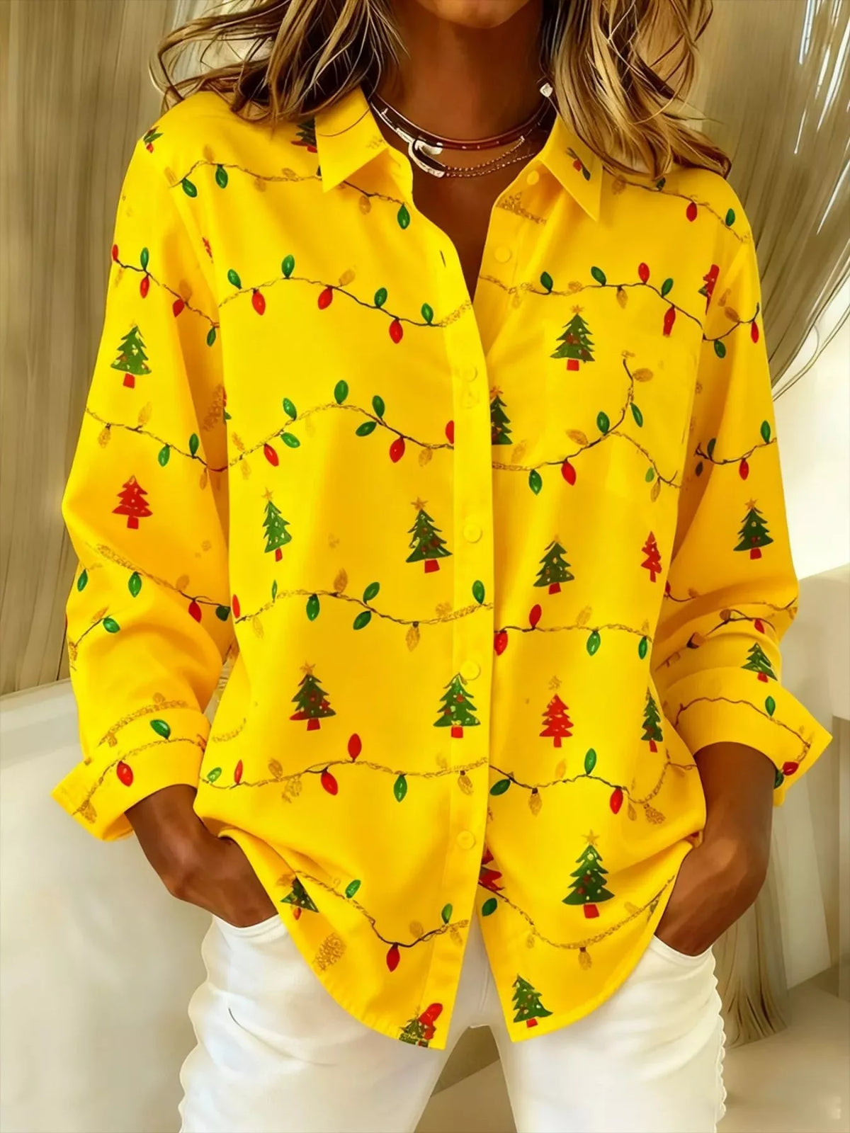 Christmas Tree Print Long Sleeve Button-Down Shirt Plus Size
