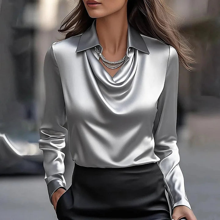 Elegant Draped Neckline Satin Blouse