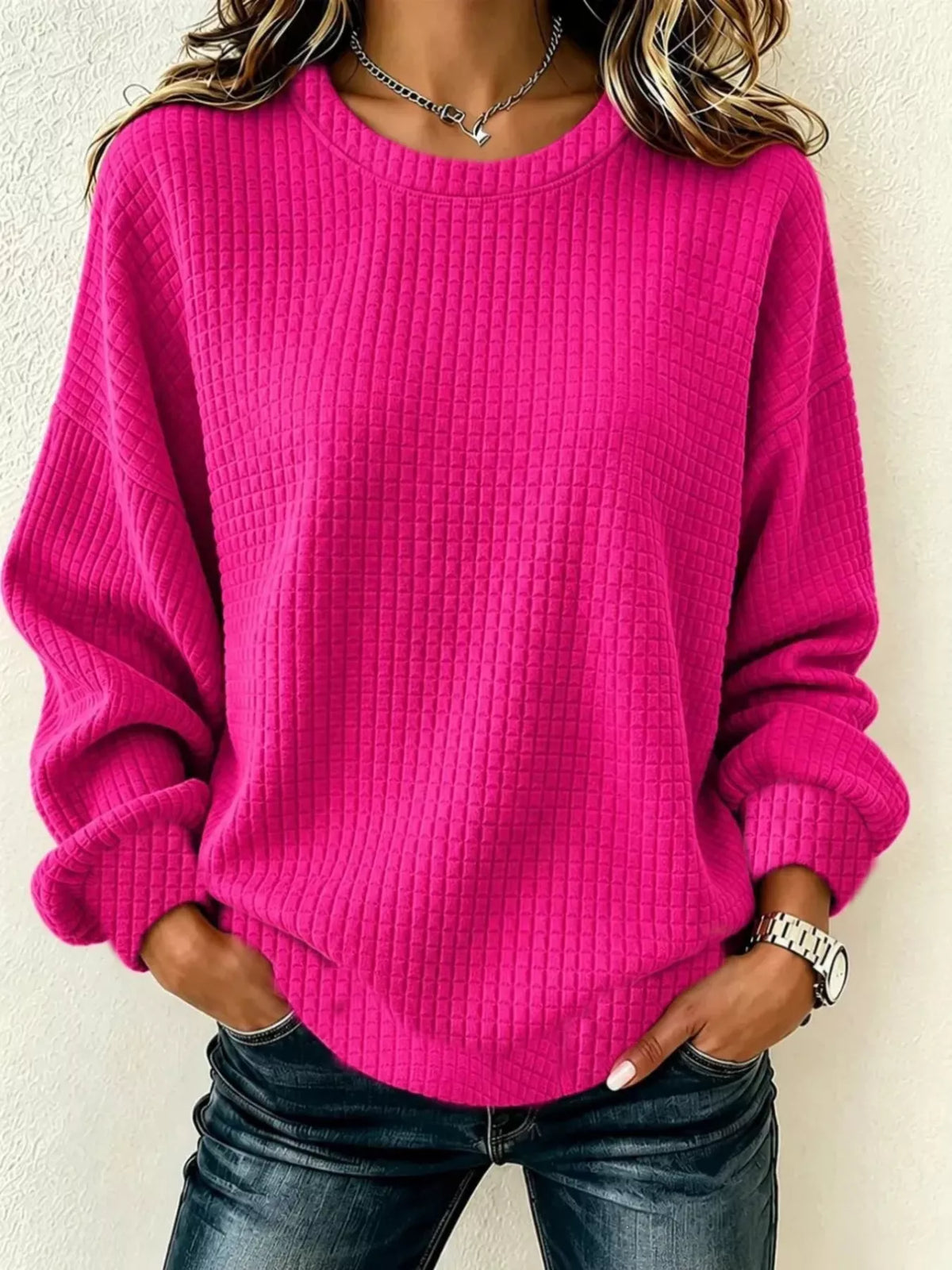 Full Size Waffle Knit Long Sleeve Crew Neck Sweatshirt Plus Size