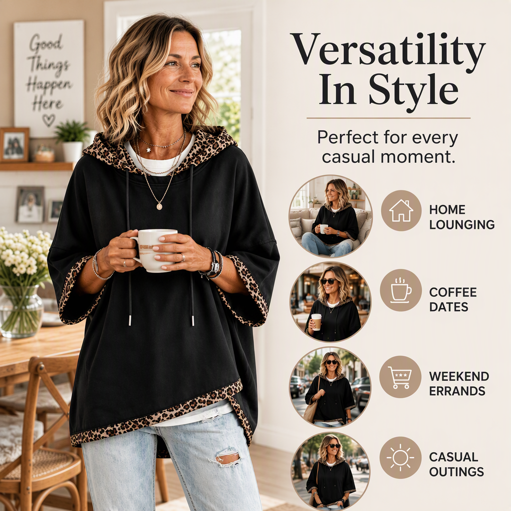 Leopard Detail, Easy Style | Women's Loose-Fit Drawstring Hoodie