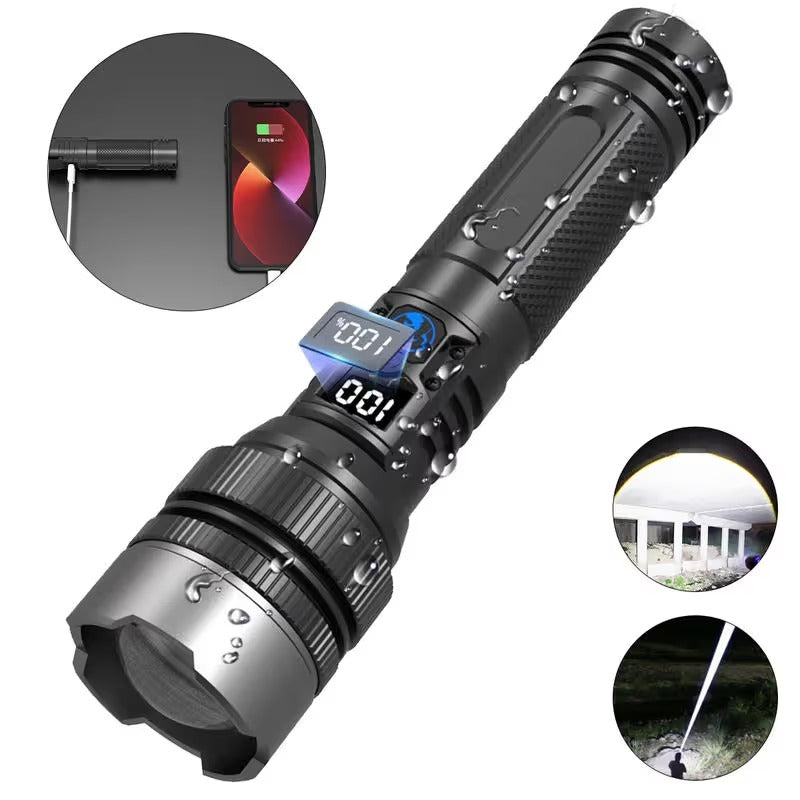 High-Power Rechargeable Zoom Flashlight – 2000LM, Power Bank & Digital Battery Display