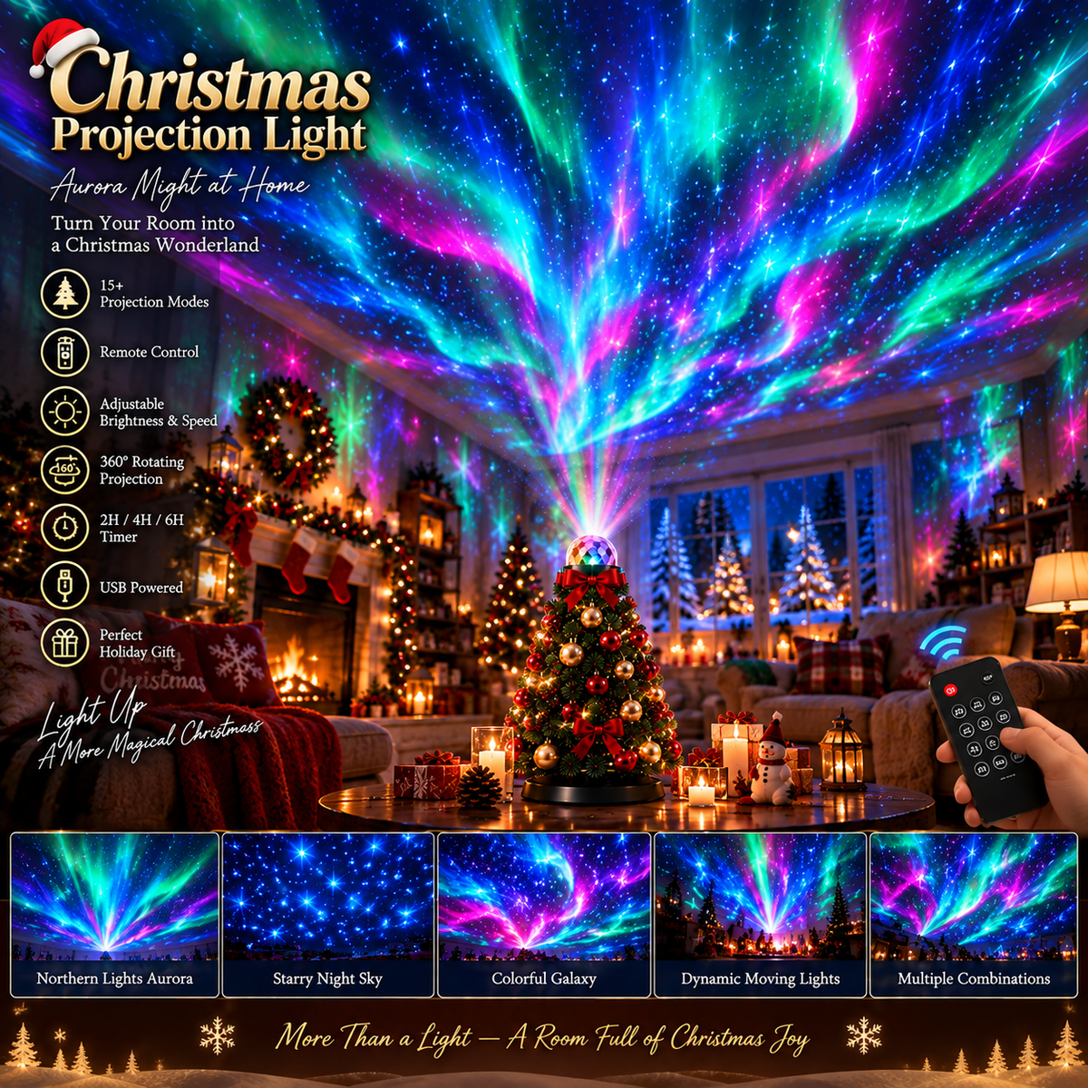 LED Christmas Lighting Projector with 15+ Motifs and Remote Control