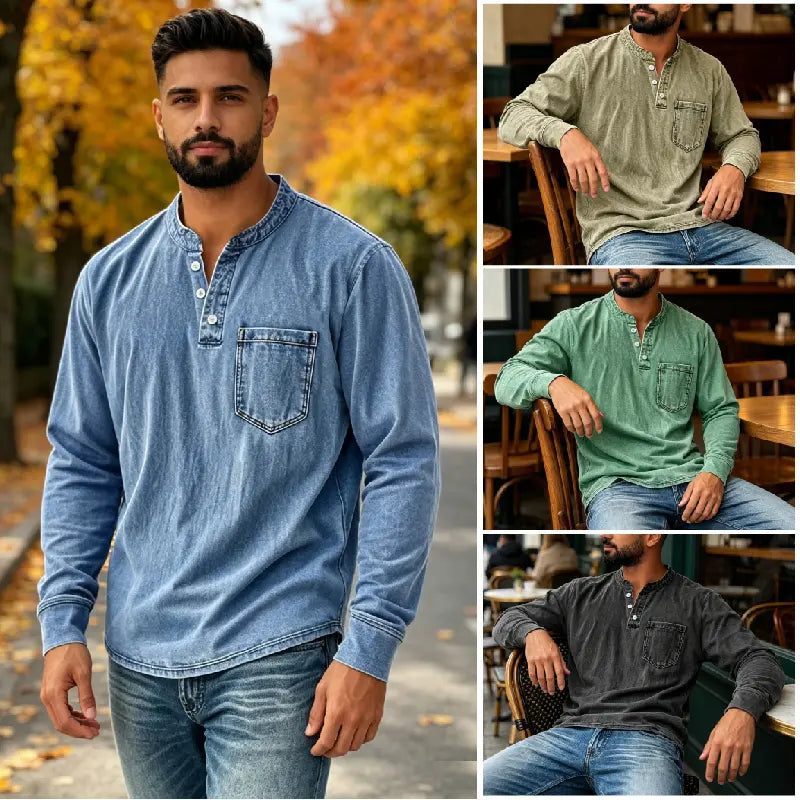 Men's Denim Shirt with Long Sleeves, V-Neck and Pocket