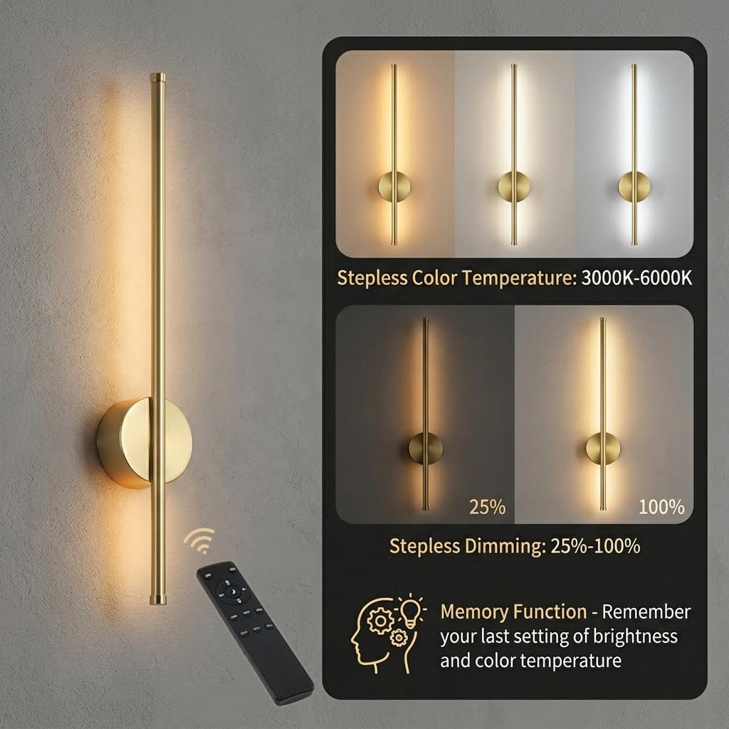 Gold Rechargeable Wall Lamp, 19.6 in – Dimmable LED Wall Sconce