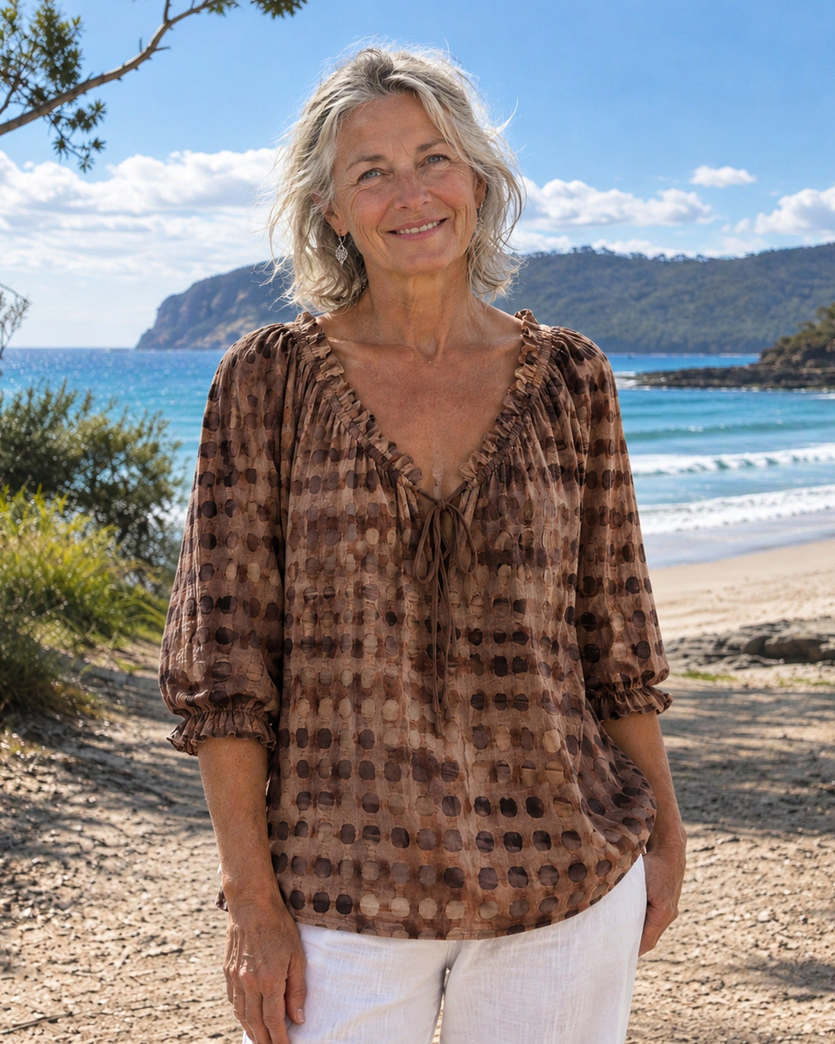 Boho Print Tie-Neck Blouse