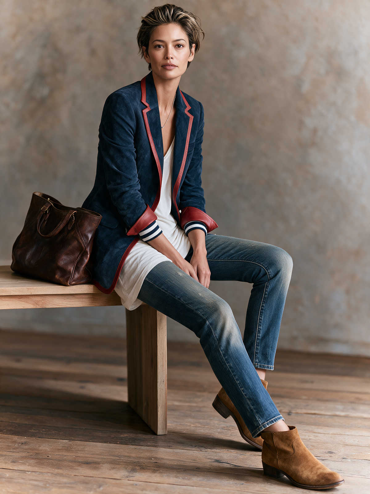 Women's Vintage-style Faux Suede Blazer With Red Leather Trim