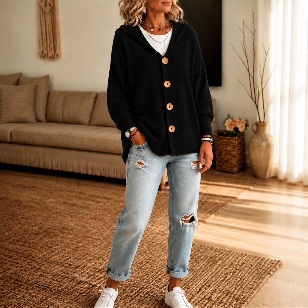 Hooded Waffle-Knit Button-Front Cardigan