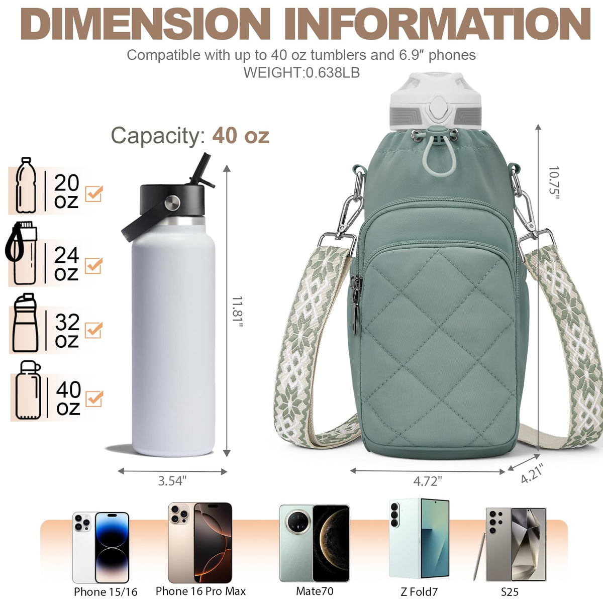 Water Bottle Bag Crossbody, Insulated Water Bottle Purse Crossbody Water Bottle Holder with Strap