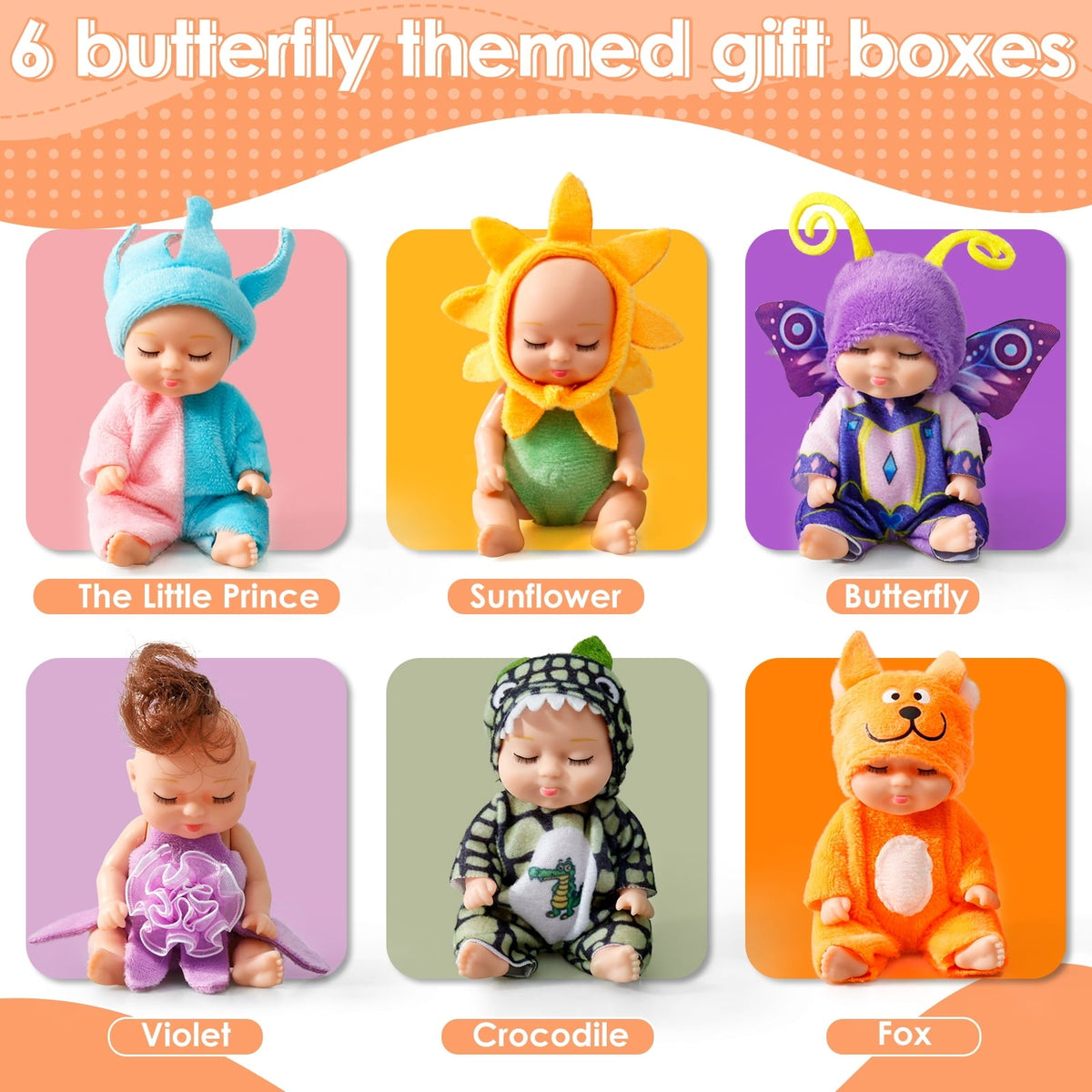 6-Piece Mini Baby Doll Set with Butterfly and Flower Outfits, 4 Inch