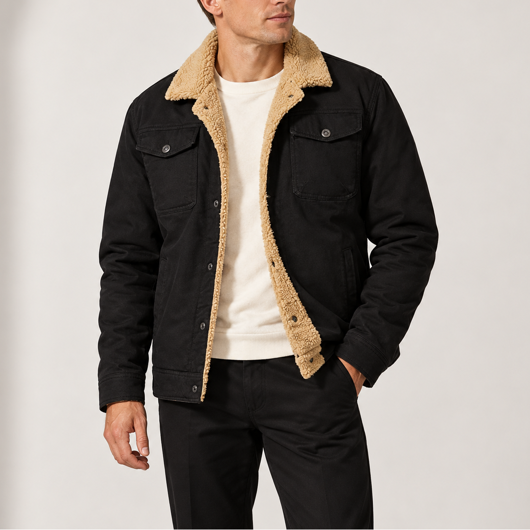 Men's Sherpa-Lined Trucker Jacket with Fleece Collar and Chest Pockets